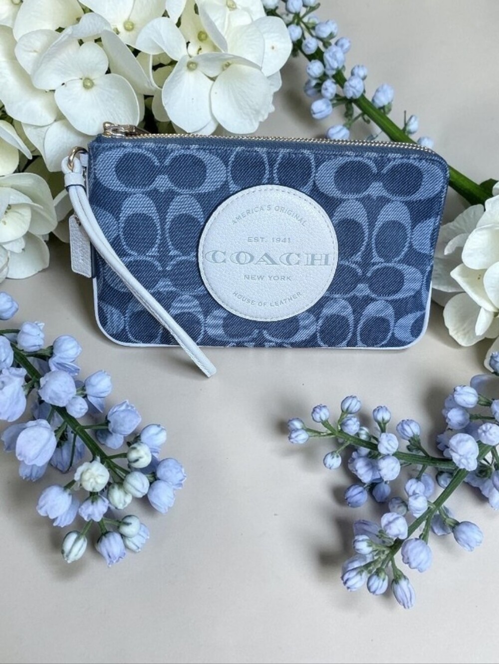 Coach Signature Zip Wristlet in Blue with White Logo Patch